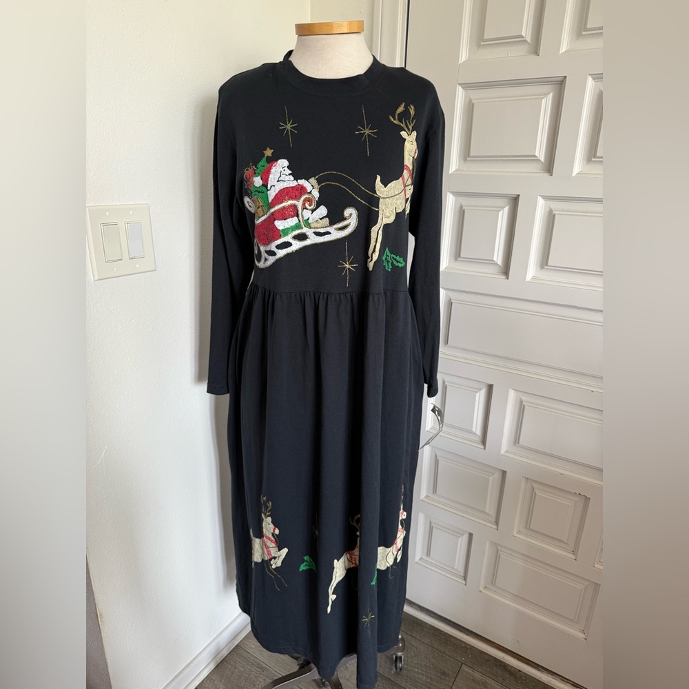 NWT L.A. Artwear Vintage Christmas Holiday Long Dress Santa Reindeer Large